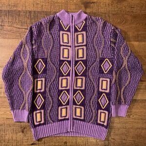 Prestige Zip Up Sweater Mens L Purple Retro 90s Geometric Knit Cardigan